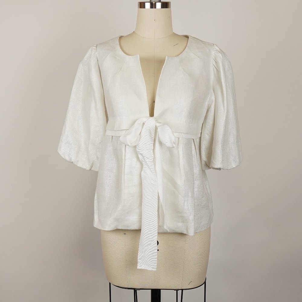 Karen Kane Linen Bow Tie Puff Sleeve Jacket White